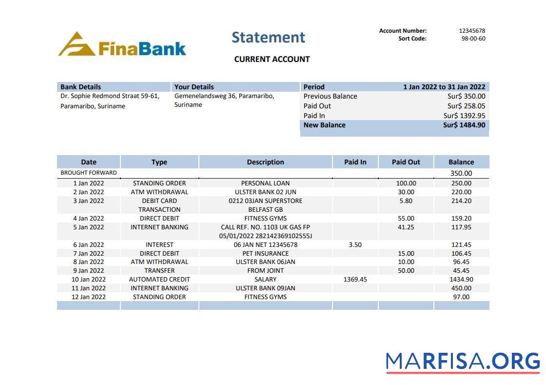 Printable Suriname Finabank statement word real example